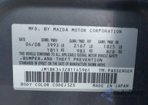 2008 Mazda Mazda3 S Sport из США, поврежденный, VIN JM1BK343281145961
